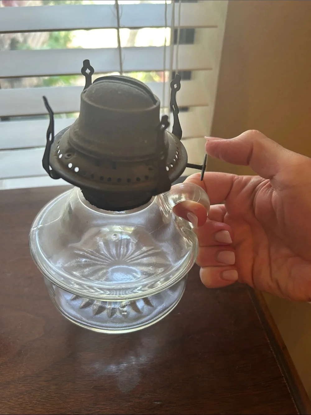 Vintage Finger Loop Hand Held Clear Glass Oil Lamp - Antique Home Accent